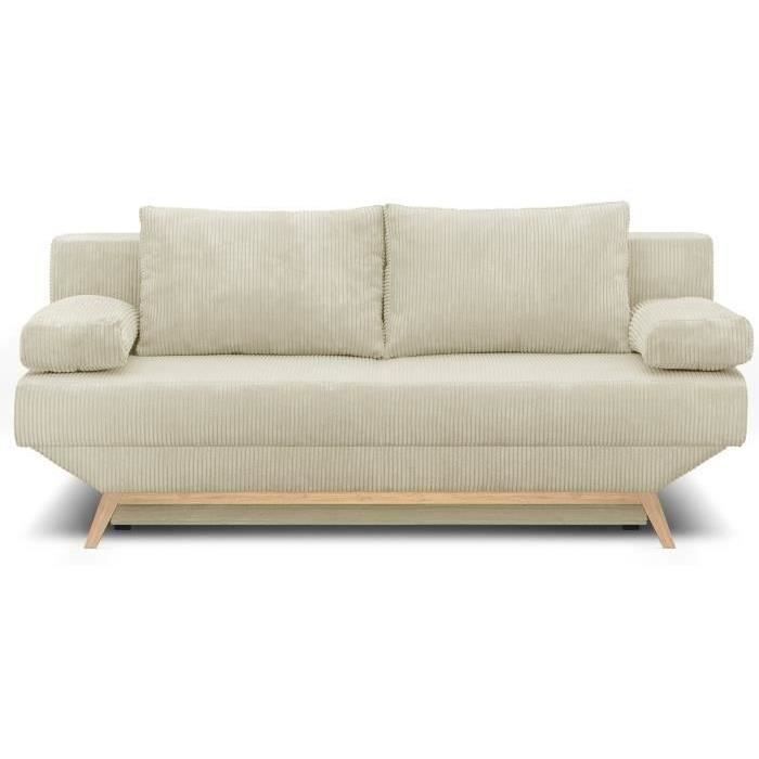 Banquette convertible 3 places - Coffre de rangement - Tissu velours côtelé beige - L 190 x H 92 x P