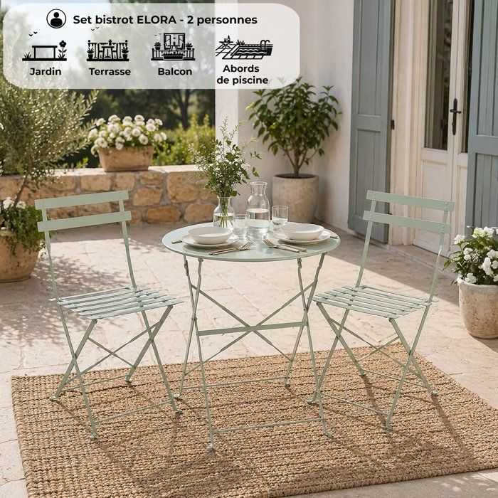 ESituro Ensemble Bistrot Jardin 3 Pièces Pliables - Table Ronde + 2 Chaises - Métal Vert