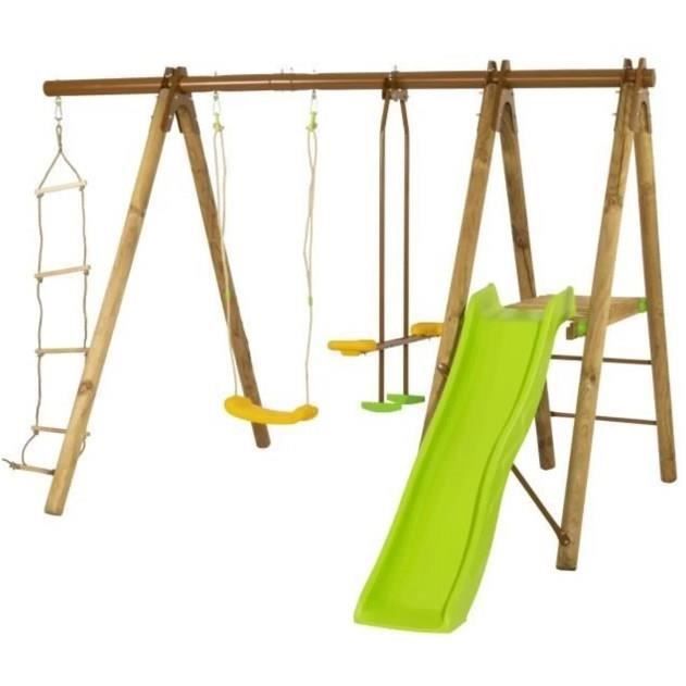 Portique bois et métal - 1,90m - 1 balançoire, 1 face à face, 1 échelle de corde et 1 toboggan 1,73m