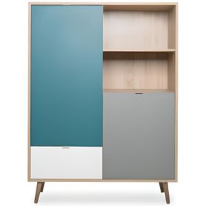 BUFFET - BAHUT  Buffet haut - Chêne Sonoma, blanc, gris et bleu - Style scandinave - CUBA - L 103 x P 40 x H 139  cm