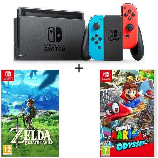 Console Nintendo Switch avec paire de joycon bleu néon / rouge néon + The Legend of Zelda