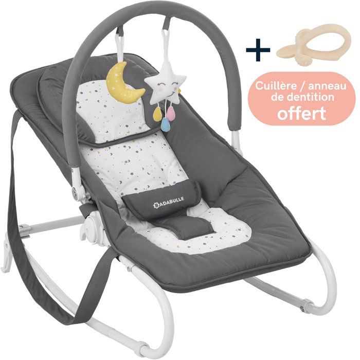Badabulle Transat Bébé - Easy Moonlight - Pliable - Position Fixe ou Balancelle + anneau cuillère de dentition