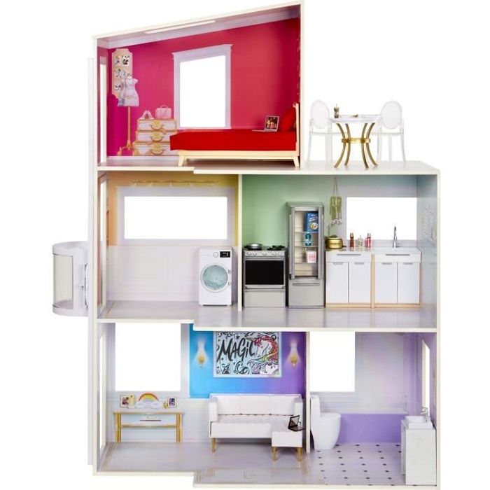 Rainbow High Townhouse - Maison en bois 3 étages et 6 pièces - Ascenseur fontionnel et meubles mobil