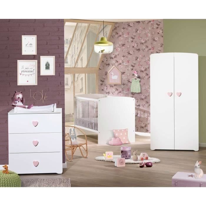 BABY PRICE Rose Cœur Chambre Complète - Lit Evolutif 70x140 + Armoire + commode à langer