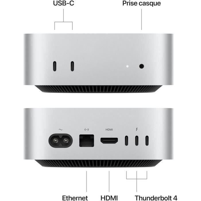 Apple – Mac mini (2024) Puce Apple M4 – 16Go – 256Go SSD – CPU 10 cœurs GPU 10 cœurs Argent (2024) – Reconditionné – Excellent état