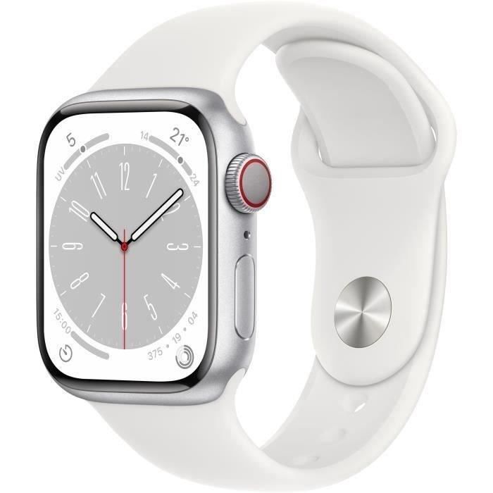 Apple Watch Series 8 GPS + Cellular - 41mm - Boîtier Silver Aluminium - Bracelet White Sport (2022) - Reconditionné - Excellent - Apple