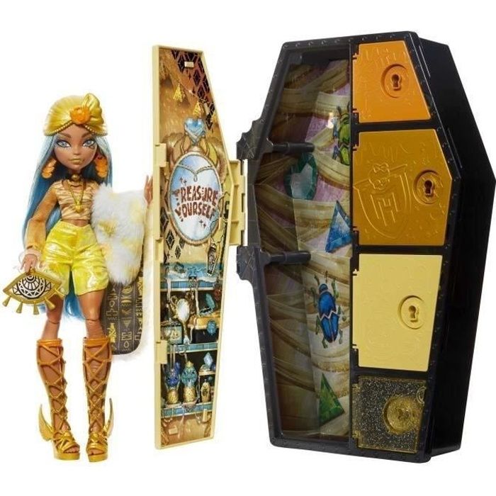 monster high coffret monstrueux secrets, poupée cleo de nile, série look irisé, avec casier cerceuil 21+ accessoires, 4 ans+, hnf76