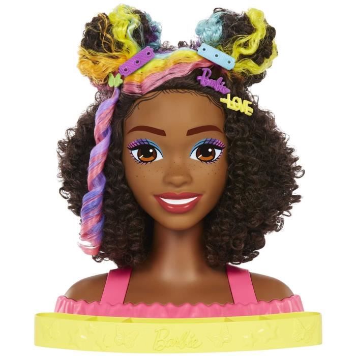 Barbie - Ultra Chevelure - Tête à Coiffer brune frisée mèches arc-en-ciel - Poupée Mannequin - 3 ans