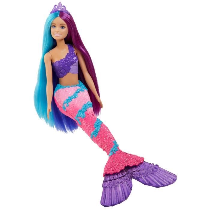 Barbie Dreamtopia poupée sirène cheveux roses et tenue multicolore.