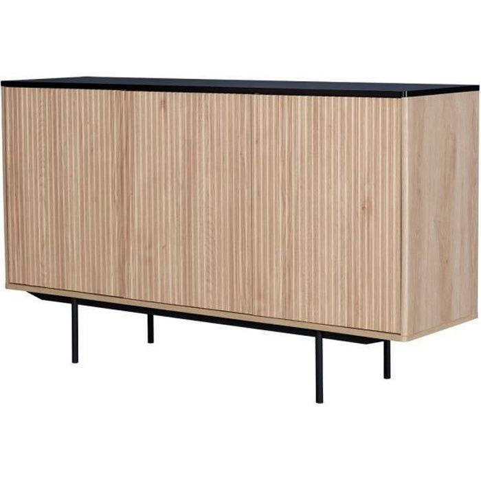 Buffet 3 portes - Décor bois et noir - Pieds métal - MEMPHIS - L 140 x P 39 x H 82,80 cm