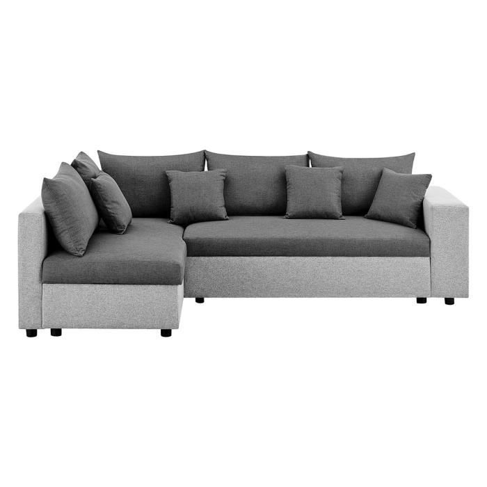 Canapé d'angle convertible gauche + coffre de rangement + 4 coussins - Tissu gris foncé et clair - L