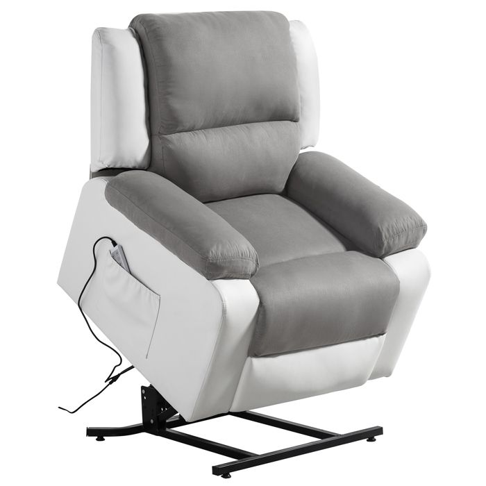 Fauteuil De Relaxation Electrique Releveur Et Massant - Microfibre / Simili - Blanc / Gris - L88 x 93 x 98cm - LOUNGITUDE Fauteuil De Relaxation Electrique Releveur Et Massant - Microfibre / Simili - Blanc / Gris - L88 x 93 x 98cm - LOUNGITUDE