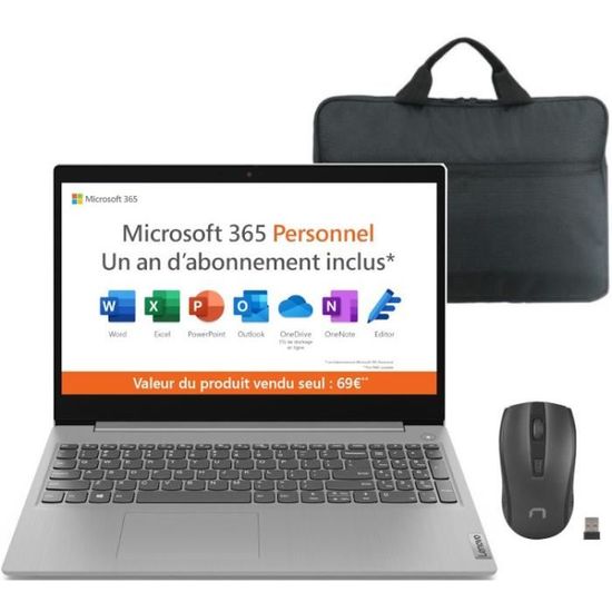 PC Portable Ultrabook - LENOVO IP 3 15IGL05 - 15,6" HD - Celeron N4020 - RAM 4Go - 128Go SSD - W11S + Office + Sacoche + Souris