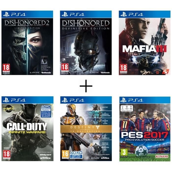 Pack De 6 Jeux Ps4 Dishonored 2 Dishonored Definitive Edition Mafia Iii Call Of Duty Infinite Warfare Destiny La Collection Pes17 Cdiscount Jeux Video