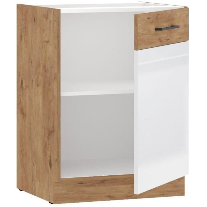 ROCK - Meuble bas - Mélaminé chêne Lancelot et Blanc brillant - 60 cm - 1 porte battante - Plan de travail non inclus
