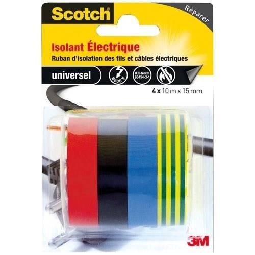 SCOTCH - Ruban adhésif - Universel - Électrique - Lot de 4 coloris assortis - 15 mm x 10 m
