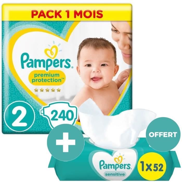 Pampers 240 Couches Premium Protection New Baby Taille 2 4 A 8kg Pack 1 Mois Sensitive 52 Lingettes Bebe Offertes Achat Vente Couche 240 Couches T2 52 Lingettes Cdiscount