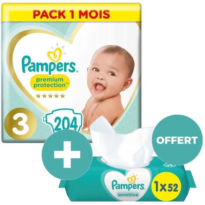PAMPERS 204 couches Premium Protection Taille 3 5 à 9 kg Pack 1 Mois