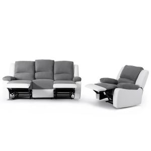 CANAPE RELAXATION RELAX Ensemble canapé relaxation 3 places + fauteuil - Tissu gris et simili blanc - Contemporain - L 190 x P 93 cm + L 86 x P 90 cm