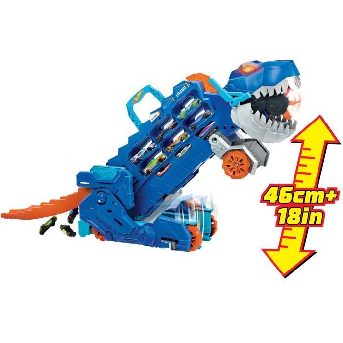 Hot Wheels Let's Race - Camion Transporteur T-Rex Qui Se Transforme En Robot, Avec Piste, Lumières Et Sons, Dès 3 Ans