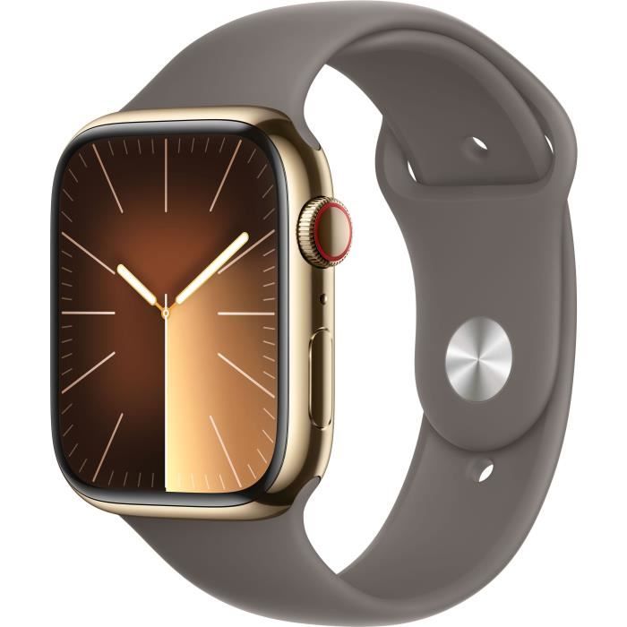 Apple Watch Series 9 GPS + Cellular - 45mm - Boîtier Acier Or - Bracelet Clay Sport Band - M/L