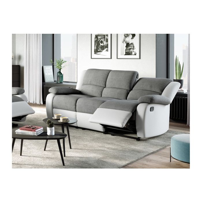 Canapé Relaxation 3 places Microfibre et Simili LEO - Blanc et Gris - L193 x 93 x 96cm - LOUNGITUDE Canapé Relaxation 3 places Microfibre et Simili LEO - Blanc et Gris - L193 x 93 x 96cm - LOUNGITUDE