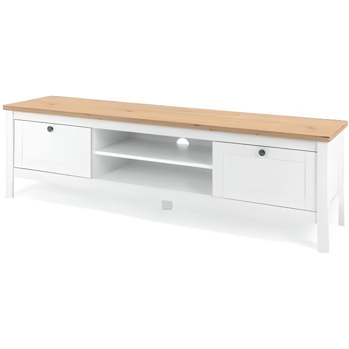 Meuble TV 2 tiroirs - Décor chêne artisan et blanc - L 160 x P 45 x H 40 cm - BERGEN