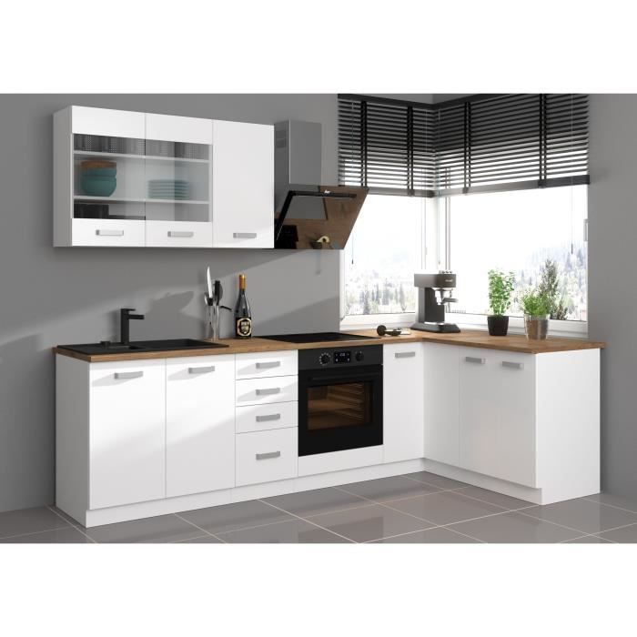 ATLAS Cuisine complète dangle 8 éléments (reversible droit / gauche) - Décor blanc - L270 cm - Plan de travail non inclus