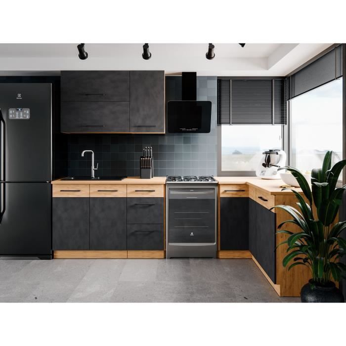 Cuisine complète d'angle ROCK 268 x 148 cm - Angle réversible - Décor chêne et gris matera - Plan de