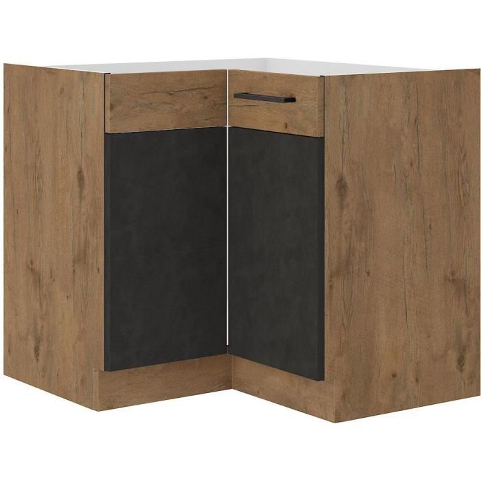 Meuble bas d'angle ROCK - Mélaminé décor chêne lancelot et gris matera - 1 porte - L89 x H84 cm - Pl