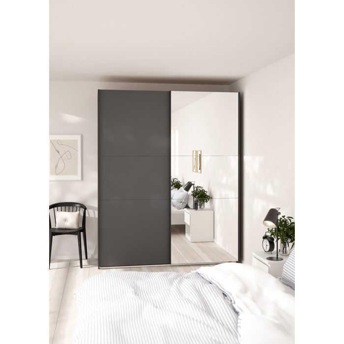 Armoire de chambre - COMO - Gris mat - 2 portes coulissantes dont 1 avec miroir - 1785 x 666 x 2204 cm