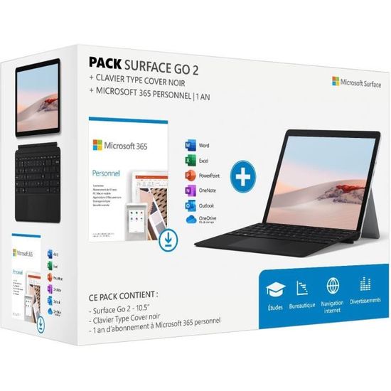 Pack MICROSOFT - Surface Go 2 - 10,5" - RAM 4Go - 64Go eMMC + Type Cover Noir + Microsoft 365 Personnel à télécharger