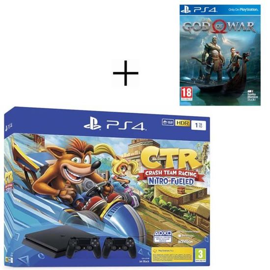 Pack PS4 1 To Noire + Crash Team Racing + 2ème manette DualShock 4 Noire V2 + God of War Jeu PS4