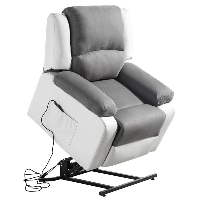 Fauteuil de Relaxation Releveur électrique 1 place Microfibre / Simili LEO - Blanc et gris - L88 x 93 x 96cm - LOUNGITUDE