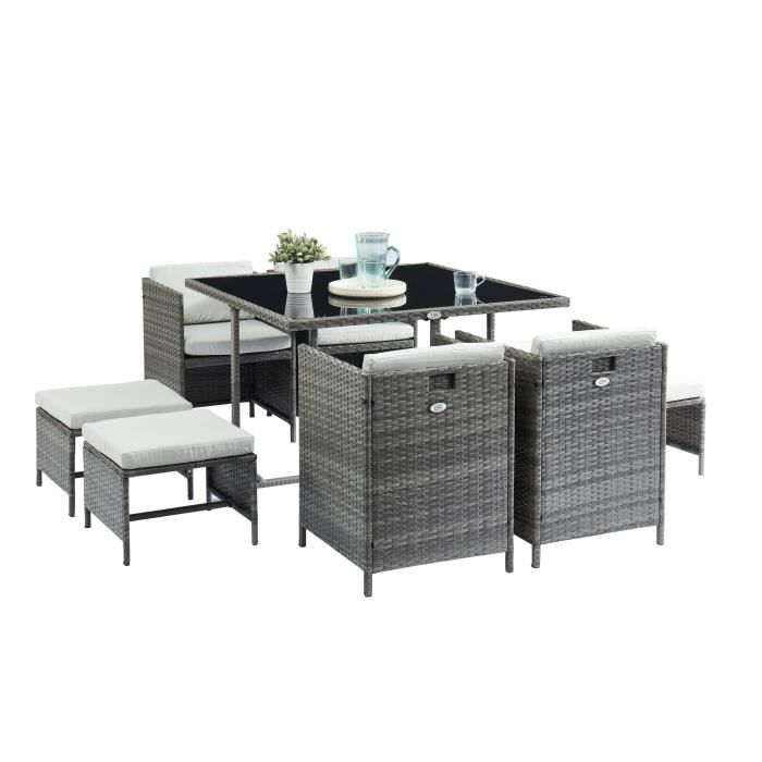 CARIOCA2 Ensemble table en verre + 4 fauteuils et 4 poufs en résine tressée - 110 x 110 x 74 cm - Gris