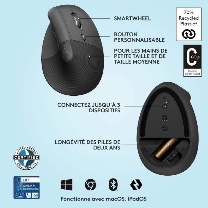 Souris Sans Fil Logitech Lift Ergonomique Verticale, Bluetooth ou récepteur  USB Logi Bolt, Silencieuse - Graphite - Cdiscount Informatique