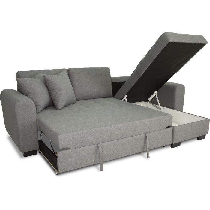 Canapé d'angle 3 places convertible - méridienne réversible - coffre de  rangement intégré - garnissage mousse haute densité 24d - tissu polyester  aspect lin gris - Conforama