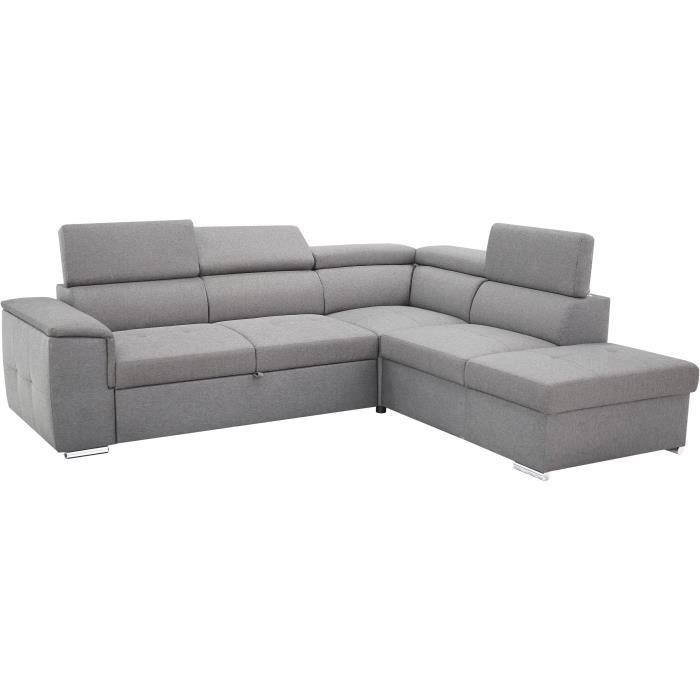 Canapé d'angle convertible réversible 5 places DAYTONA - Tissu gris - Coffre de rangement - L 260 x P 218 x H 77 cm