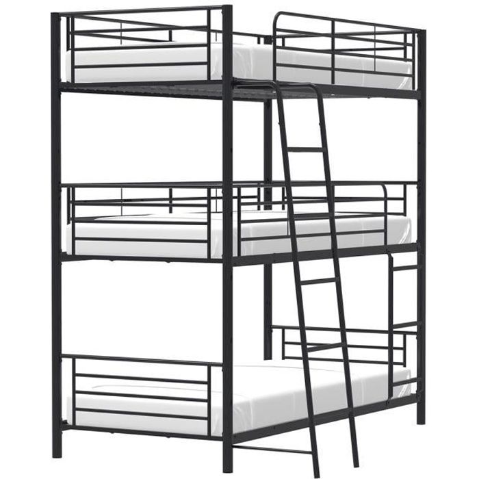 Lits superposés en métal - 3 places - Noir - Sommiers inclus - 3x90x190 cm - TRIO