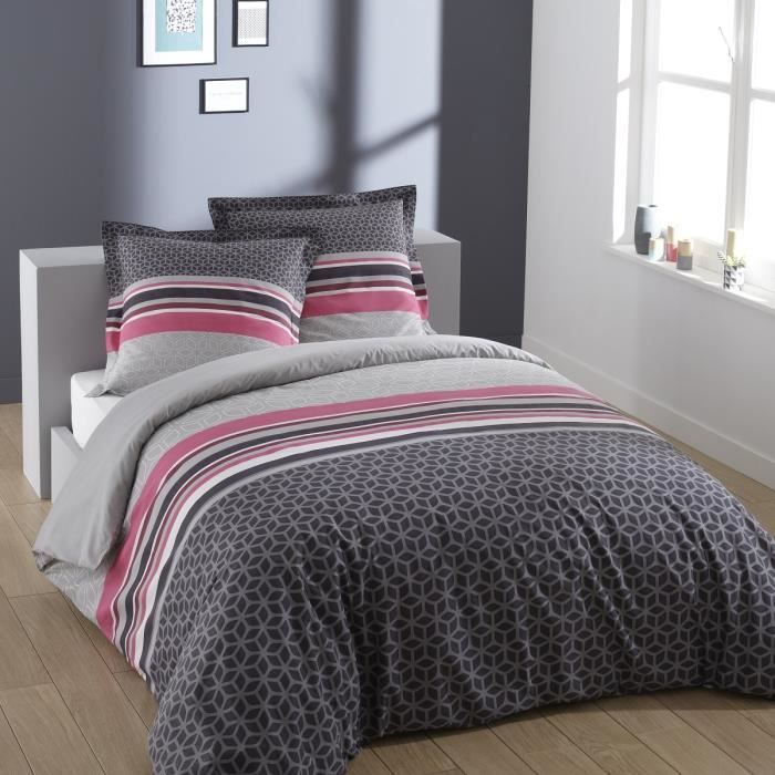 2 taies 65x65 cm blanc et rose 1 housse de couette 220x240 cm VISION Parure de couette Romane 100/% coton