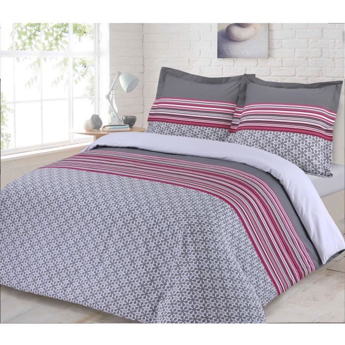 VISION Parure de couette Tracy 100% coton - 1 Housse de couette 240x260 cm + 2 Taies d'Oreillers 65x65 cm - Gris et rose