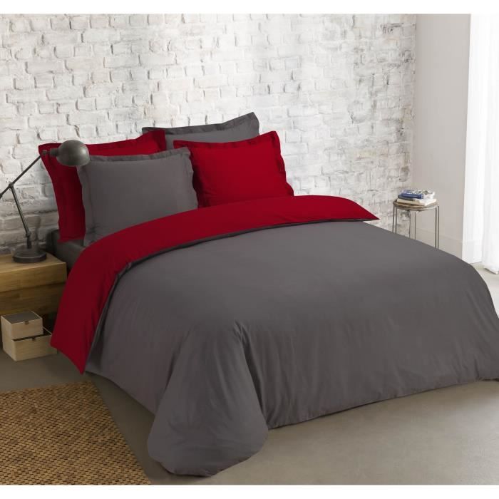 VISION  - Bicolore - Housse de couette R&eacute;versible 260x240cm avec 2 taies 65x65cm - Anthracite/rouge - 100% coton 