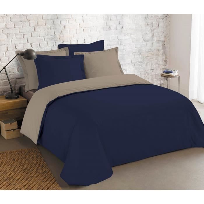 Vision Parure De Couette 100 Coton Bicolore Et Reversible 1 Housse De Couette 240 X 260 Cm 2 Taies D Oreiller Bleu Marine Cdiscount Maison