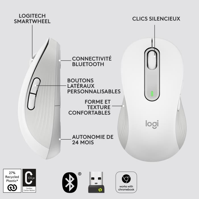 Souris Sans Fil Logitech Signature M650 L - Gauche - Pour Mains Larges,  Silencieuse, Bluetooth, Boutons Programmables - Blanche - Cdiscount  Informatique