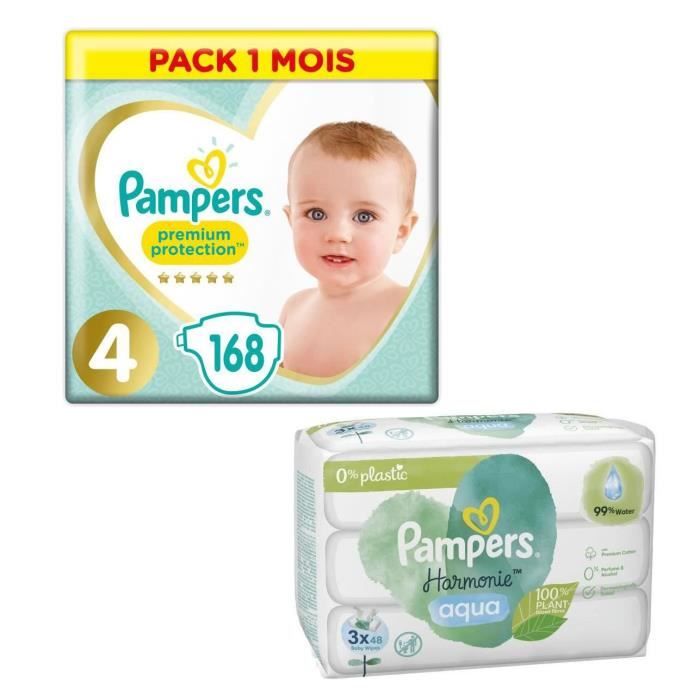 PAMPERS Premium Protection Taille 4 816 kg 168 Couches Pack 1 Mois + Harmonie Aqua 144