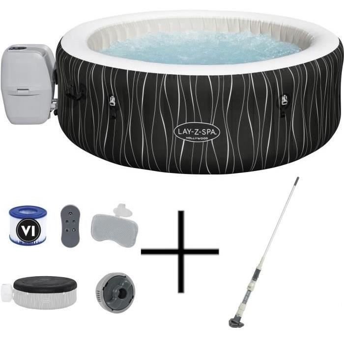 Bestway Spa gonflable - Lay-Z-Spa Hollywood - 196 x 66 cm - 4 à 6 places - Rond + Balai aspirateur électrique Aquascan