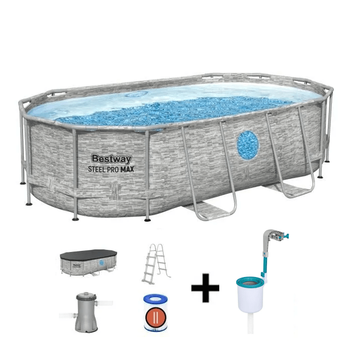 Kit Piscine hors sol tubulaire BESTWAY - Steel Pro MAX™- 427 x 250 x 100 cm - Ovale (Filtre à cartouche échelle bâche) + Skimmer