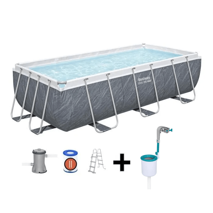 Kit Piscine hors sol tubulaire BESTWAY - Steel Pro Max - 404 x 201 x 100 cm -Rectangulaire (Filtre à cartouche échelle) + Skimmer