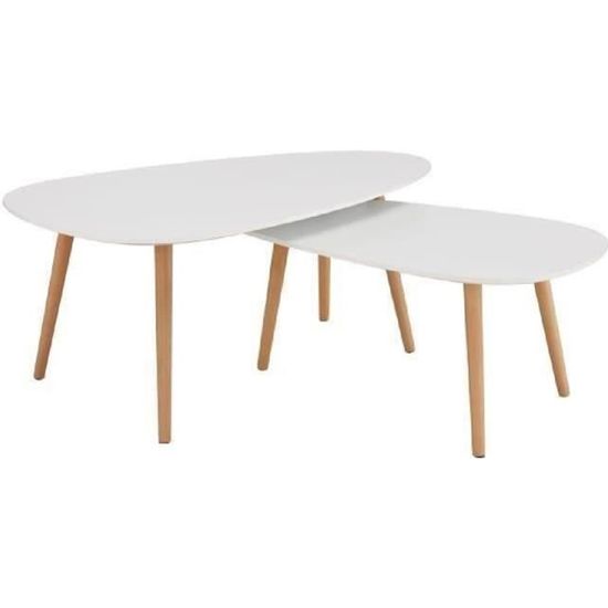 KIVI Lot de 2 tables basses gigognes scandinave blanc laqué mat - L 98 x l 61 et L 88 x l 48 cm