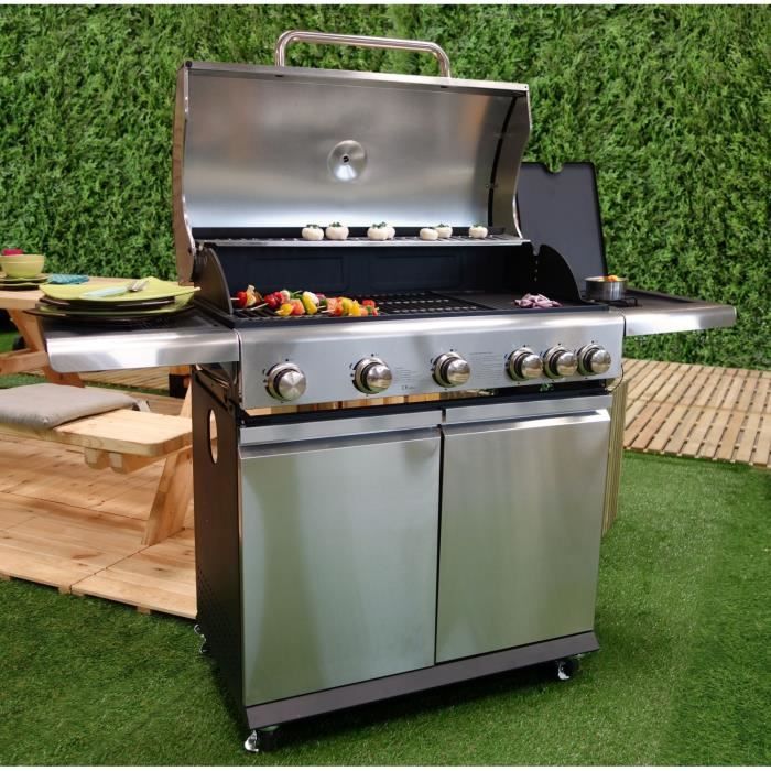BBQ PLUS Barbecue américain gaz 5 feux + 1 Tout inox Plaque Fonte